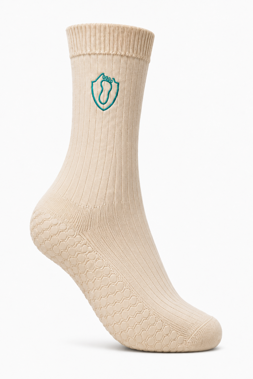 SafeStep Beige grip socks close-up showing anti-slip sole