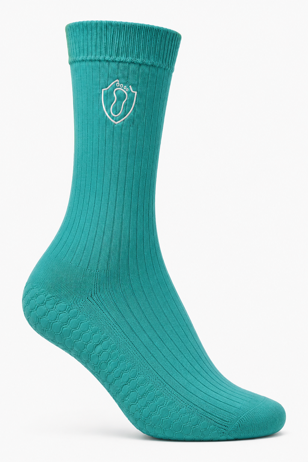 SafeStep Teal grip socks close-up showing anti-slip sole