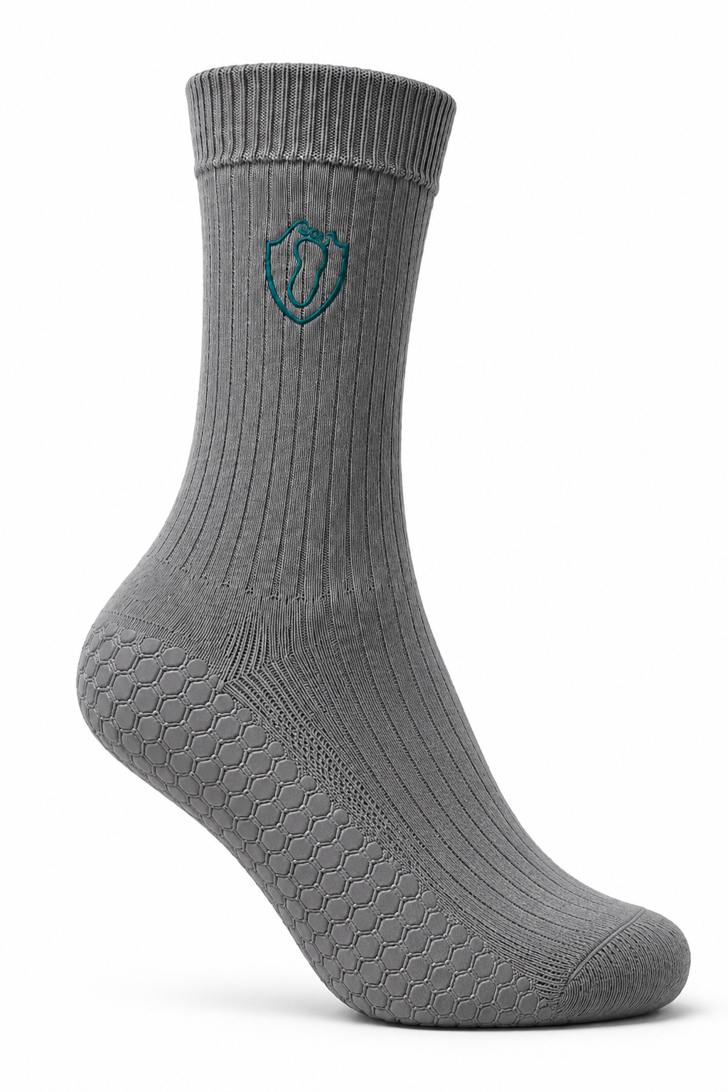 SafeStep Grey grip socks close-up showing anti-slip sole